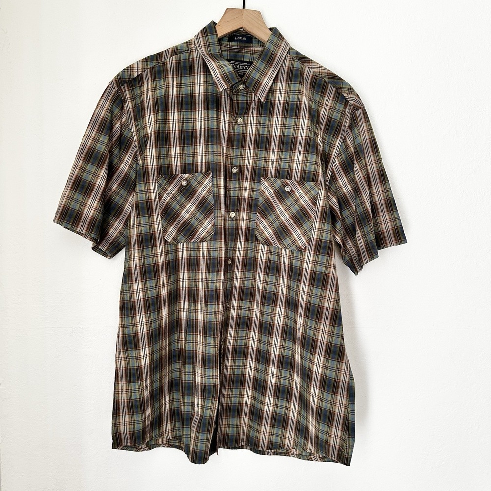 Pendleton Plaid Shirt Mens Large Brown Green Short Sleeve Button front Santiam